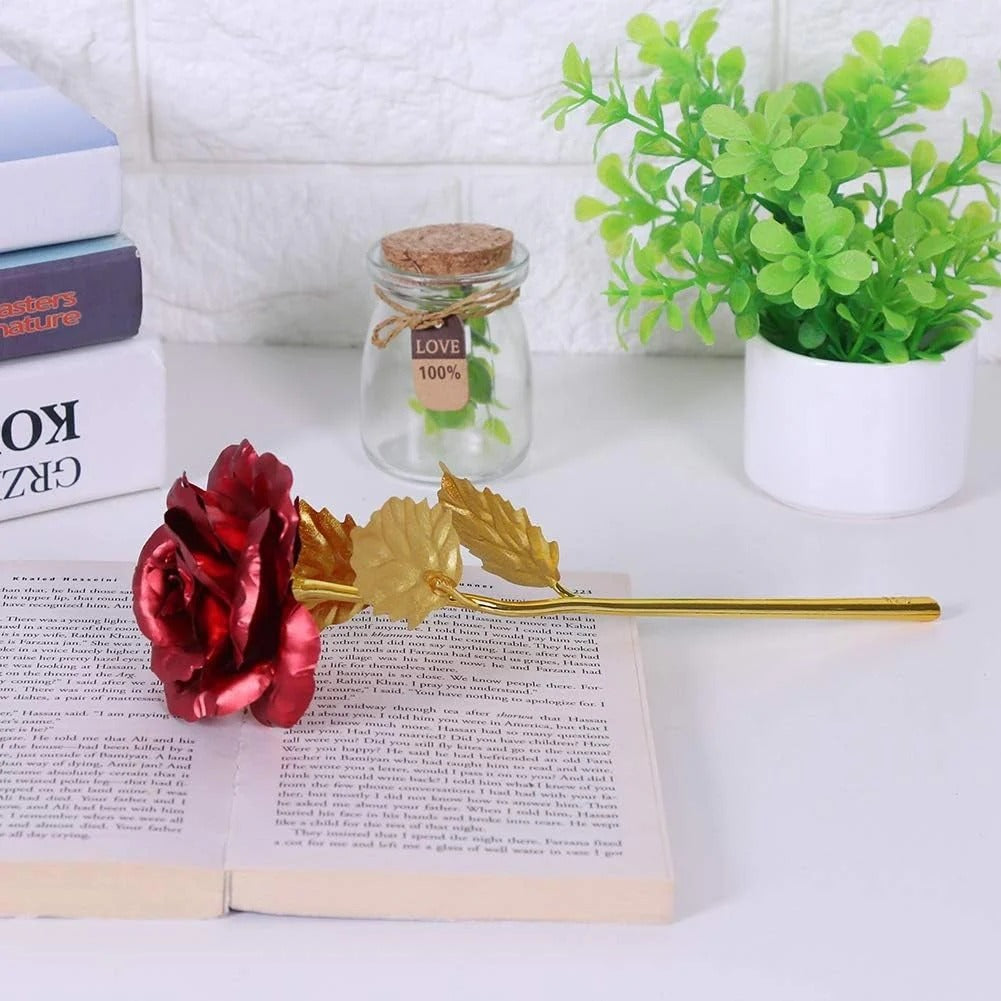 24K Gold Foil Artificial Rose with Base – Romantic Gift & Home Décor (Red)
