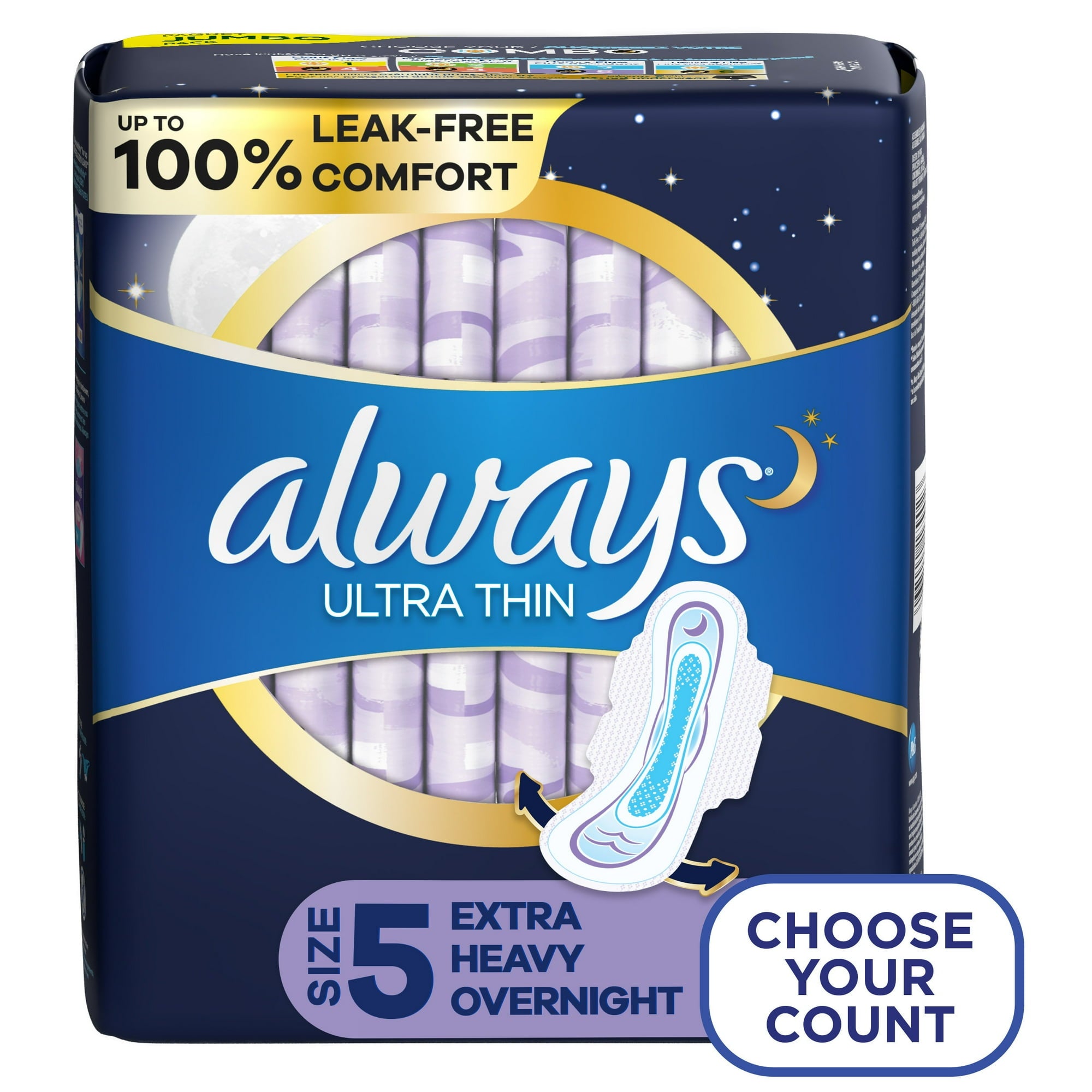 Always Ultra Thin Extra Heavy Overnight Pads with Wings, Unscented, Size 5, 34 Ct