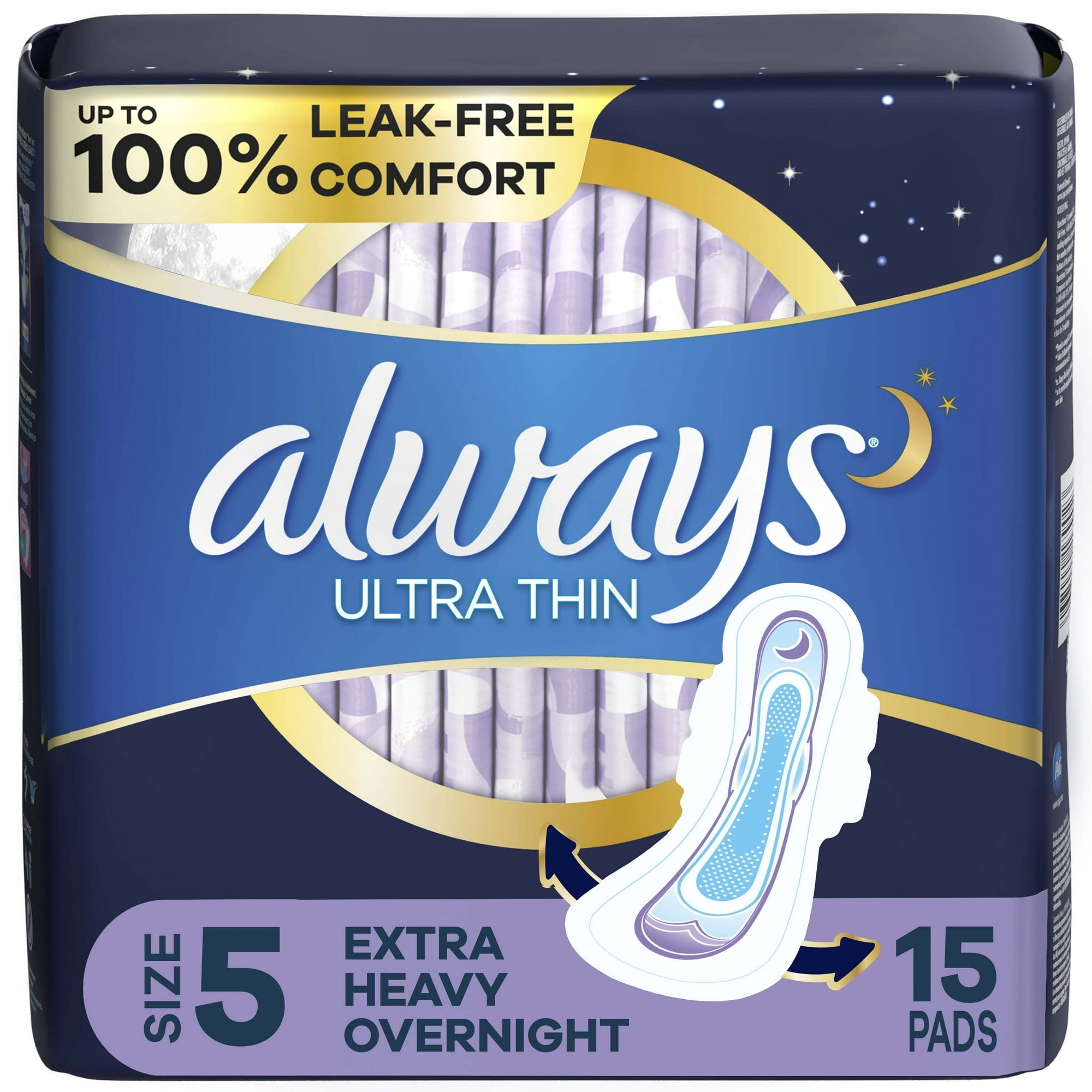 Always Ultra Thin Extra Heavy Overnight Pads with Wings, Unscented, Size 5, 34 Ct