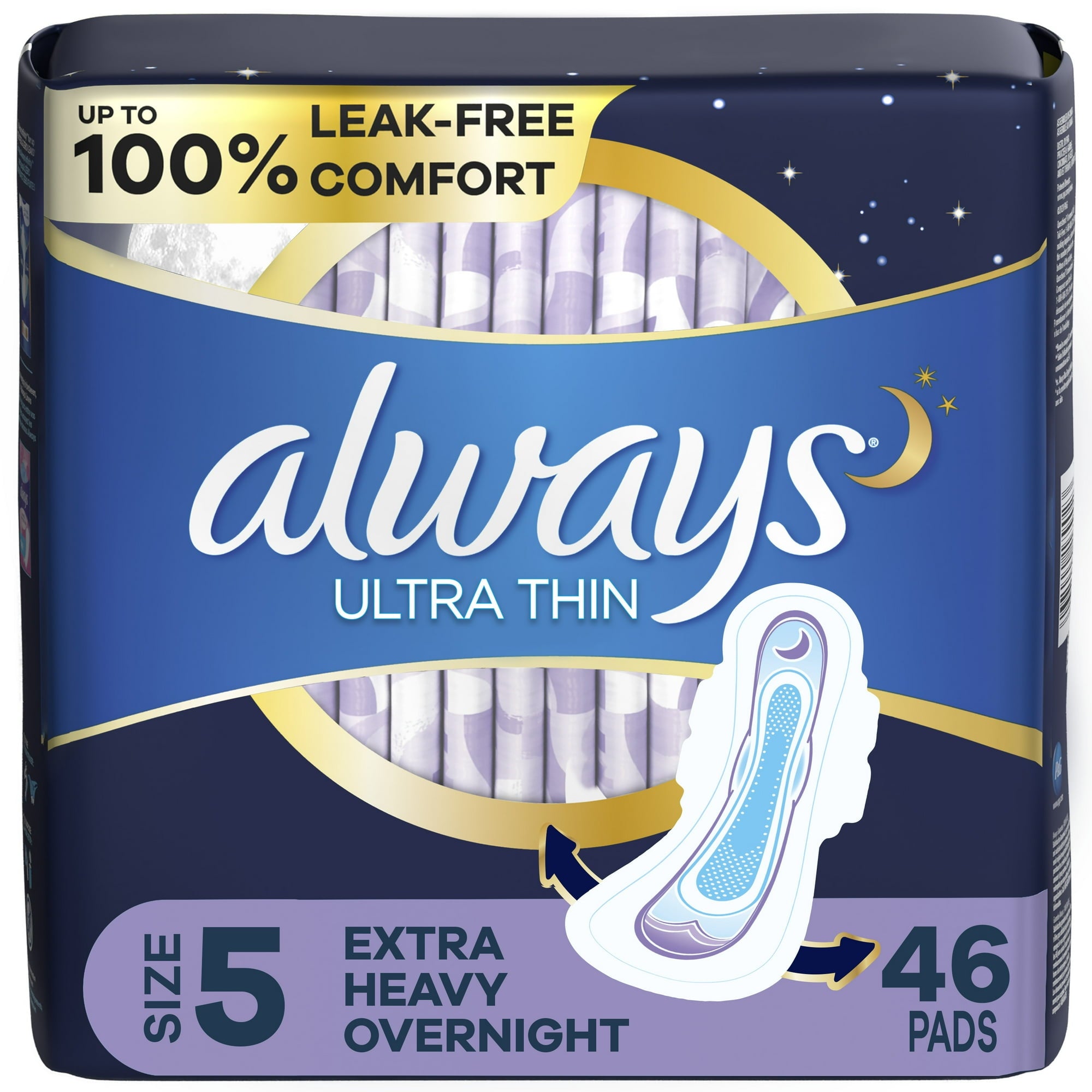 Always Ultra Thin Extra Heavy Overnight Pads with Wings, Unscented, Size 5, 34 Ct