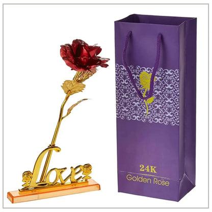 24K Gold Foil Artificial Rose with Base – Romantic Gift & Home Décor (Red)