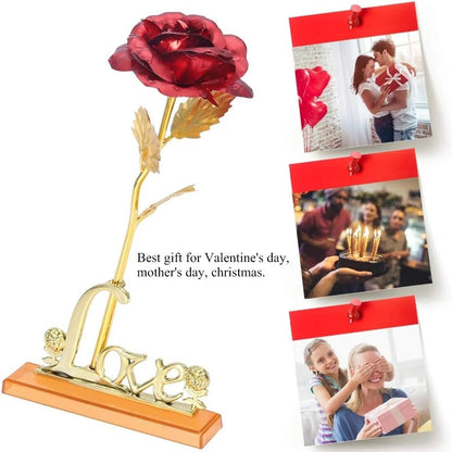 24K Gold Foil Artificial Rose with Base – Romantic Gift & Home Décor (Red)